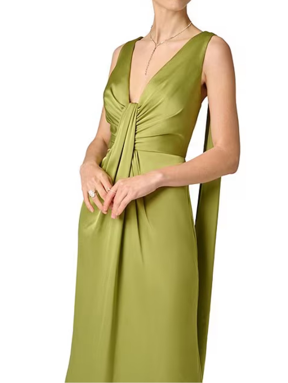 Aiden Mattox Olive Green Satin V-Neck Evening Dress